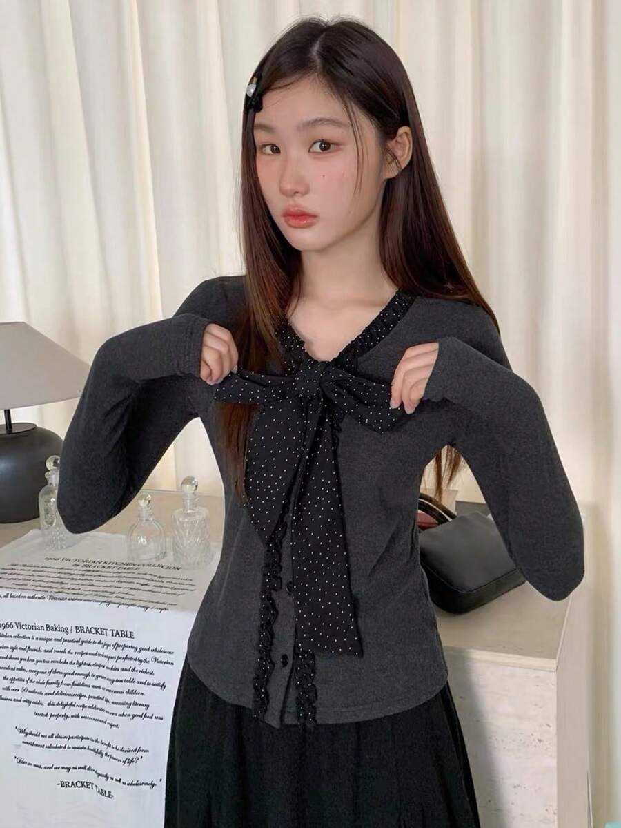 女款波點拼接蝴蝶結長袖修身T恤上衣,小眾設計,秋季 - 灰色 - 查看 1