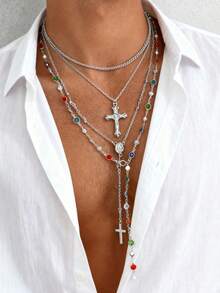 4pcs Fashion Elegant Sophisticated Personalized Exaggerated Luxury Old Money Style Colorful Rhinestone Cross Necklace Set For Men, Vacation Party Date Travel Shopping Beach Seaside Daily Wear Versatile Combination - Style 1 - View 4
