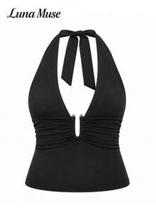 Luna Muse Women's Spring/Summer New Black Deep V Spaghetti Strap Ruched Cropped Tank Top, Slim Fit Bodycon Camisole, Y2K Sexy Eye-Catching Style, Metal Buckle Cutout Midriff Top, Minimalist Sophisticated Look, Suitable For Daily, Casual, Party, Vacation, Date, Street, Performance, Stage, Outdoor, Back To School, American Vintage, Thanksgiving, Music Festival, Valentine's Day, Halloween, Christmas, New Year, Party Outfits - Black - View 6