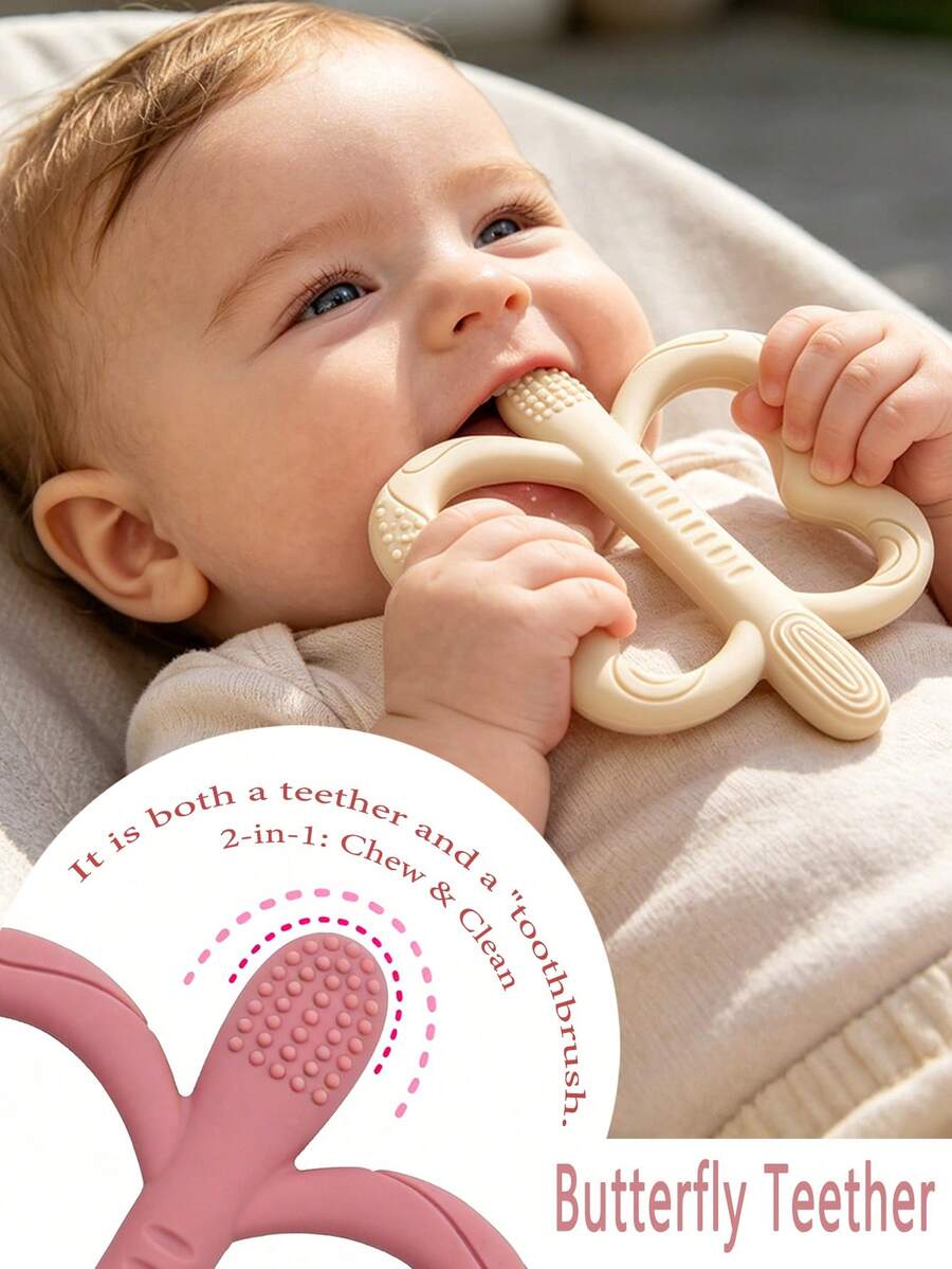 Infant Butterfly Teething Stick, Silicone Teether, Double Handle Teething Toy For Babies - Multicolor - View 1