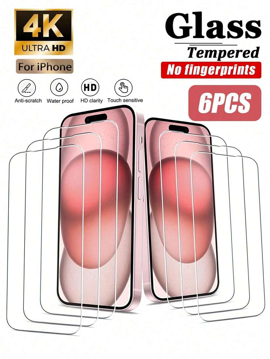 6片裝全螢幕鋼化玻璃螢幕保護貼，相容 iPhone Ultra/18 Pro/18 Pro Max/18/17E/17 Pro Max/17 Pro/17 Air/17/16e/16 Pro Max/16 Pro/16 Plus/16/15 Pro Max/15 Pro/15 Plus/15/14/13/12 及其他機型，高透光高清鋼化玻璃材質，細節清晰呈現