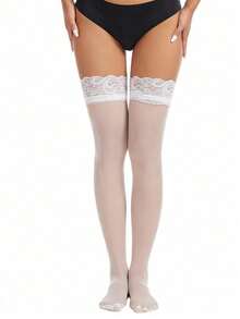 1 Pair White Lace Top Thigh High Stockings, Sheer Stretch Floral Hold-Up Socks For Dresses, Coffee Date, Street Style & Evening Look - Multicolor - View 10