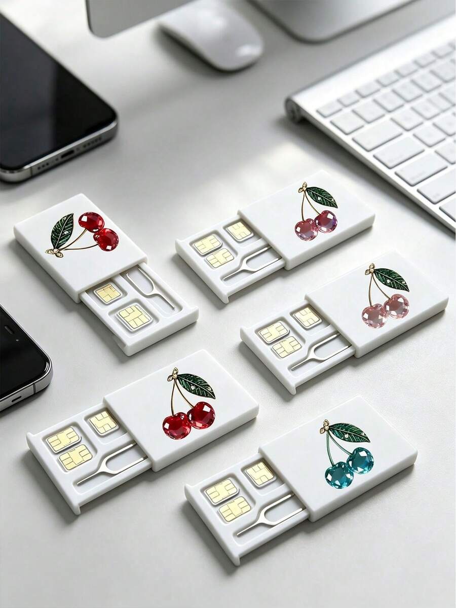 Crystal Cherry Print Card Holder, SIM Card Pin Slot, Comes With SIM Card Pin. Cherry Print Portable SIM Card Storage Box, Phone Card Holder, SIM Card And SD Card Storage Box, Travel Storage Box, Compact And Lightweight, Anti-Loss And Durable, Anti-Drop And Durable, Suitable For Smartphones, Tablets And Other Devices, Can Store SIM Card/SIM Card Pin, Ideal For Storing Backup SIM Cards When Changing Phone Numbers, Also A Great Gift. - Multicolor - View 1