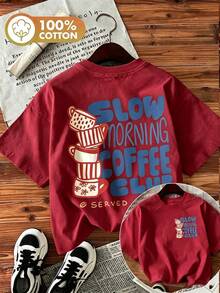 Women's Double-Sided Print Coffee Cup Tee, Hand-Painted Style "Slow Morning Coffee Club" Graphic, Round Neck Short Sleeve 100% Cotton Summer Top - 酒紅色 - 查看 7