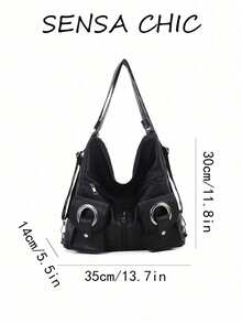 Modische Schultertasche mit mehreren Taschen, tägliche weiße PU-Leder Handtasche mit verstellbarem Riemen, leicht und praktisch, perfekt für Arbeit, Ausflüge und den täglichen Gebrauch. Mit entspanntem Schnitt und langanhaltend Struktur, kombiniert Praktikabilität und Y2K-Stil Details, um einen auffälligen Look zu kreieren - Schwarz - Übersicht 2