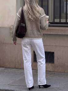 Women's Fashion Ribbed Cuff Long Sleeve Crew Neck Colorblock Sweater - Camel - View 4