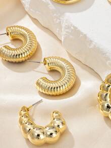 6 Pairs Exquisite Unique Stud Earrings Set, Heart-Shaped, C-Shaped, Textured Bubble, Tiered Earrings Combination, Women's Jewelry For Party, Gathering, Outing, Holiday Gift - Yellow Gold - View 4