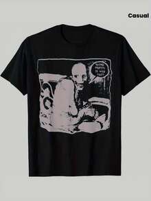 Camiseta con Diseño Estampado, Camiseta Gráfica para Hombre con Diseño "Experimento del Sueño Ruso" - Fondo Negro con Gráfico de Sueño Blanco y Texto "Sleep Record" - Camiseta de Cuello Redo - Negro - Ver 1