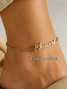 Gelang Kaki Cuban Link 3mm dengan Nama Kustom, Gelang Kaki Minimalis Huruf Kupu-kupu Stainless Steel yang Dapat Diatur, Cocok untuk Wanita, Hadiah Hari Ibu - Emas - View 1