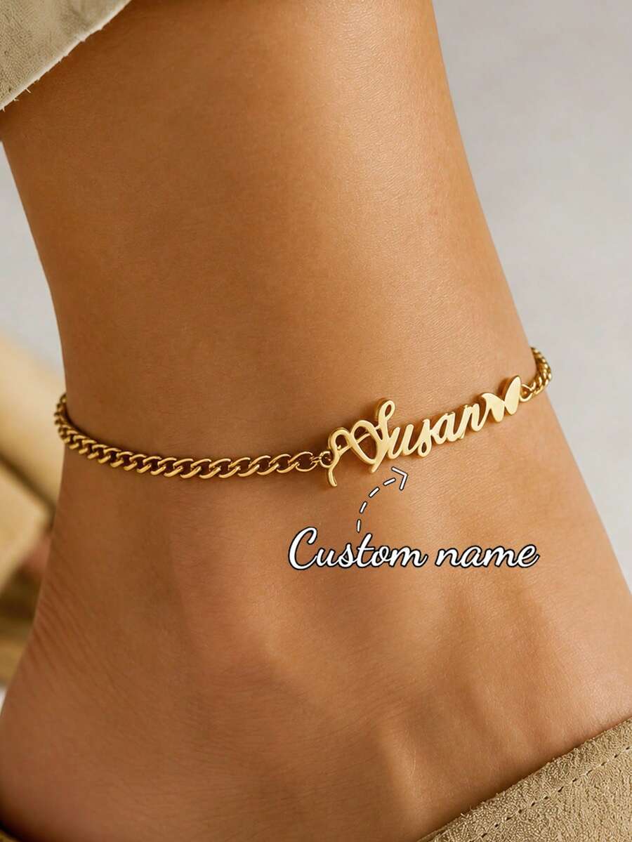 Gelang Kaki Cuban Link 3mm dengan Nama Kustom, Gelang Kaki Minimalis Huruf Kupu-kupu Stainless Steel yang Dapat Diatur, Cocok untuk Wanita, Hadiah Hari Ibu - Emas - View 1