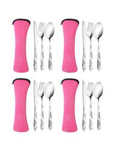 1 Set/4 Sets Portable Stainless Steel Cutlery Set With Knife, Fork, Spoon, Chopsticks, Patterned Handle Design, 1 Zipper Storage Bag, Suitable For Picnic, Camping, Student Cafeteria Dining - Multicolor - View 7