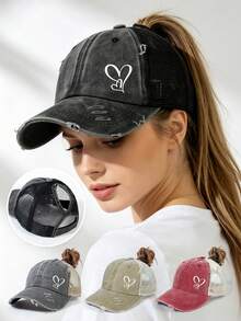 1pc Classic Heart Graphic Ponytail Baseball Cap, Vintage Distressed Mesh Trucker Hat, Breathable Adjustable Women's Dad Hat - Multicolor - View 3