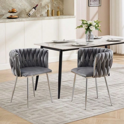 Velvet Chair, Woven Dining Chair, Modern Living Room Armchair, Dining Room, Kitchen Chair - Grey - View 1