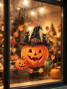 1pc Halloween Horror Pumpkin Witch Hat Black Cat Maple Leaf Window Sticker, Creative Self-Adhesive Removable Double-Sided Visible PVC Glass Decal, Suitable For Living Room Bedroom Dining Room Windows And Door Glass Decoration - A - View 1