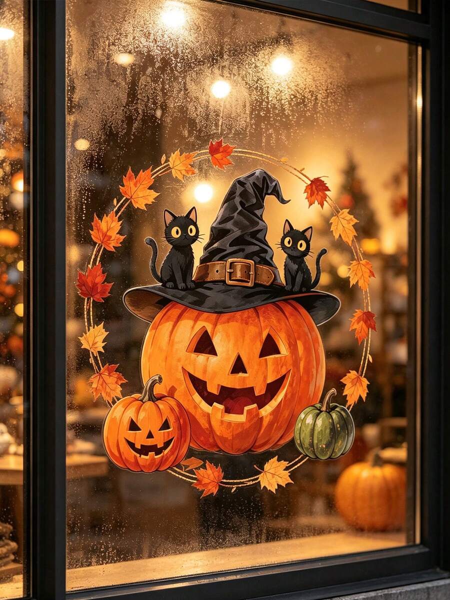 1pc Halloween Horror Pumpkin Witch Hat Black Cat Maple Leaf Window Sticker, Creative Self-Adhesive Removable Double-Sided Visible PVC Glass Decal, Suitable For Living Room Bedroom Dining Room Windows And Door Glass Decoration - A - View 1
