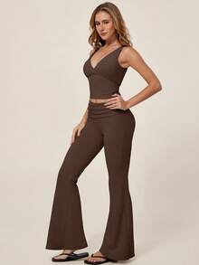TimeOff 1 Conjunto de Mujer de unicolor con Camiseta sin Espalda con Cuello en V Desmontable con Acolchado y Pantalones Acampanados para Deporte - Marrón - Ver 7