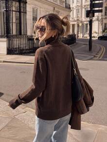 Women's Cozy Chocolate Brown Knit Turtleneck Sweater, Long Sleeve Pullover For Fall & Winter Daily Wear - Brown - View 3
