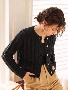 Knit Mix Elegant Women's French Style Autumn/Winter Knit Cardigan, Casual Daily Home Basic Outerwear Black Fall - Black - View 7