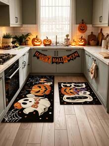 1/2pcs Halloween Kitchen Decor Rug, Cute Ghost Pumpkin Cat Kitchen Rug And Mat, Non-Slip Washable Absorbent Kitchen Accessories Decorative Mat - Multicolor - View 2