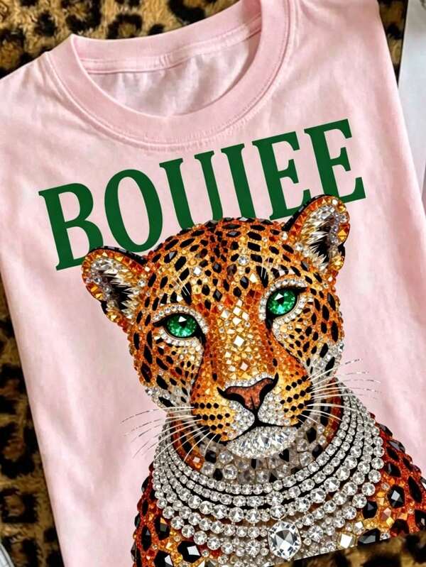 Camiseta de algodón puro con ajuste holgado y estampado de leopardo boujee, adornada con pedrería y diseño animal, camiseta gráfica glamurosa y brillante para mujer, moda casual