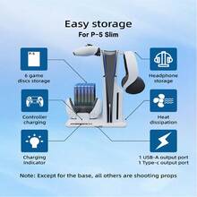 iplay Multi-Function Charging Cooling Stand For PlayStation 5 Slim, With Cooling Fan And Controller Charger, Includes 6 Game Cartridge Storage Boxes And 2 Storage Hooks - White - View 5