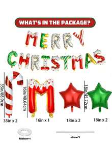 1 Set Merry Christmas Balloons, Red & Green Star Balloons, Spiral Candy Pattern Foil Balloons, Suitable For Christmas Party Decoration - Multicolor - View 2
