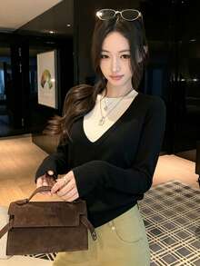 Korean Style Atmosphere 2 In 1 Knit Sweater Women Spring Autumn Black & White Colorblock V-Neck Cinched Waist Short Cropped Sweater Commute Fall - Black - View 7