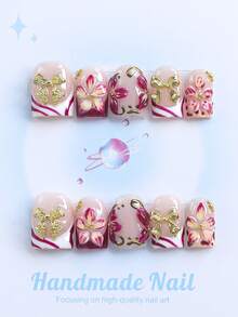 10PCS-Handmade Press On Nails, Square Shape, Fake Nails, Y2K Style, Sturdy, Reusable, Red, Paired With French Style, 3D Design, Suitable For Daily Wear, Parties, Vacations, And Also The Best Holiday Gift For Girls And Women. - Red - View 1
