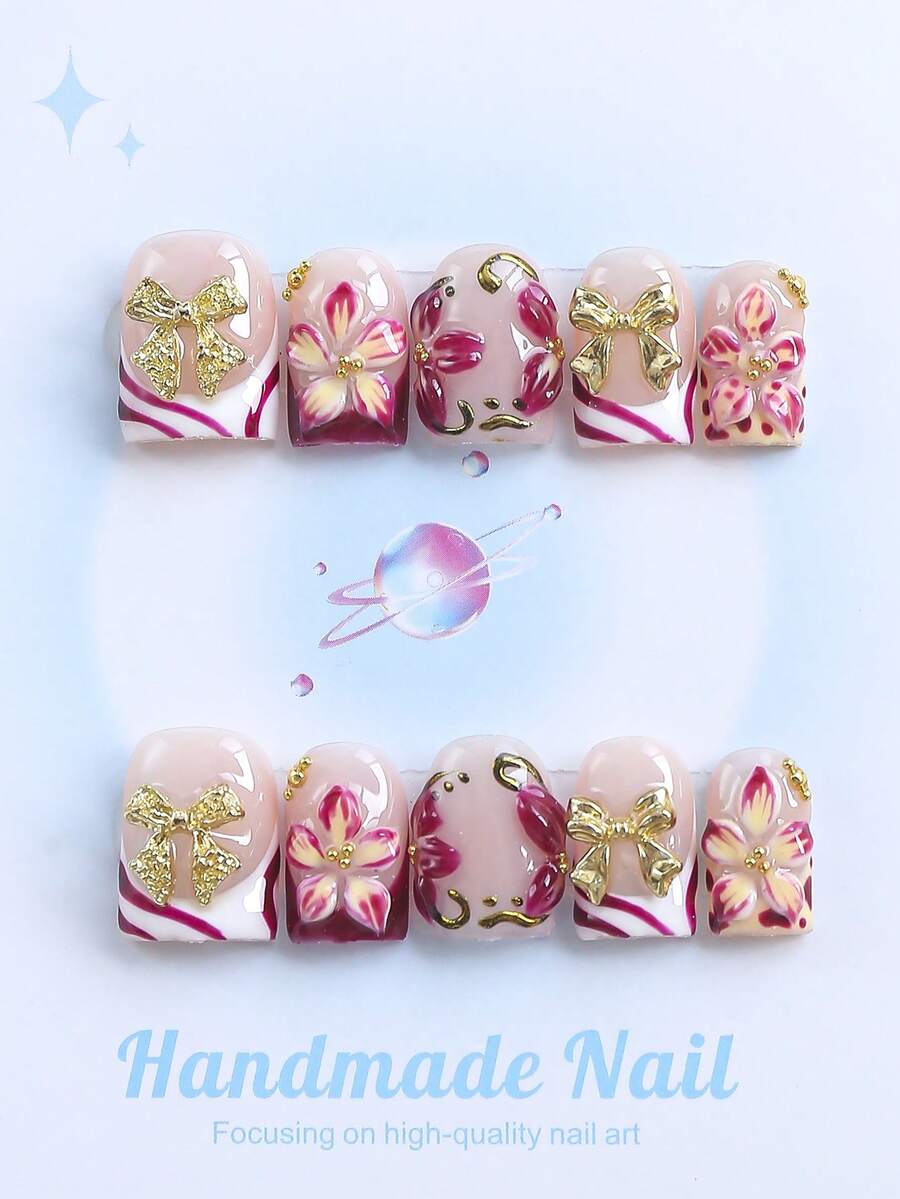 10PCS-Handmade Press On Nails, Square Shape, Fake Nails, Y2K Style, Sturdy, Reusable, Red, Paired With French Style, 3D Design, Suitable For Daily Wear, Parties, Vacations, And Also The Best Holiday Gift For Girls And Women. - Red - View 1
