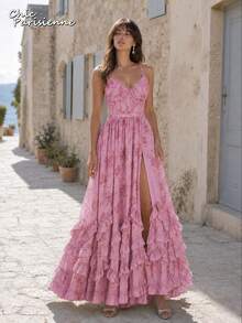 Pink Purple Floral Chiffon V-Neck Backless Tiered A-Line Maxi Dress - 粉紅紫 - 查看 2