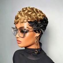 1pc Women's Human Hair Curly Short Wig, Bangs-Free, Layered Short Hair Wig In Black, Brown, Black-Red - 彩色 - 查看 16