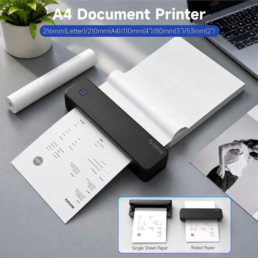 ORICO A4 Portable Thermal Paper Printer - Built-In Battery, Compatible With 216MM-56MM Width Paper, Inkless, Lightweight Mini, Suitable For Home, Office And Travel Use - Black - View 1