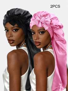 1pc Women's Faux Silk Long Sleeve Sleep Cap, Long Braid Hair Protection Bonnet, Headscarf Hat Suitable For Daily Use - Skin Powder - View 31