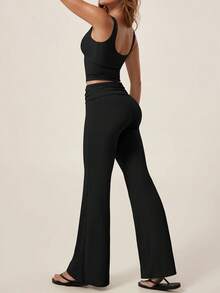 TimeOff 1 Set Women's Solid Color V-Neck Backless Removable Padded Camisole And Flared Leg Pants Sports Suit - Black - View 8
