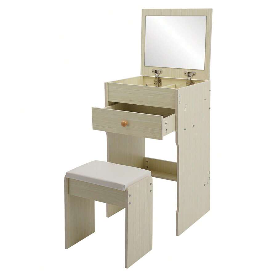 Compact Vanity Table With Mirror And Matching Stool, Dressing Table With Multiple Compartments, Space-Saving Makeup Desk For Bedroom And Apartment - 白色 - 查看 1