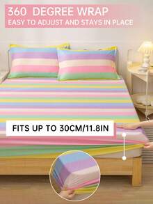 1pc Rainbow Striped Japanese Style Fitted Sheet, 30cm Deep Pocket, All Season Mattress Cover, Twin Full Queen King - Multicolor - View 4