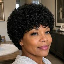 AMECIRE Curly Wig Pixie Cut Wig Hair Wigs Women's Short Hair Wig With Wigs Human Hair Put On And Go Bangs Elastic Mesh Cap Suitable For All People - Natural Black - View 3
