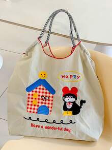 1pc New Casual Embroidered Cat Pattern Lightweight Nylon Large Capacity Foldable Shopping Bag With Drawstring Open Top Shoulder Crossbody Tote - Multicolor - View 9