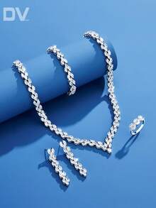 DV JEWELRY 5件組奢華立方鋯石白金電鍍項鍊、手鍊、耳環、開口戒指珠寶套裝，適合女性，優雅珠寶禮物，適用約會、婚禮、派對、週年紀念，附禮盒包裝 - 銀色 - 查看 2