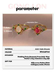 2pcs/1pc Elegant Vintage Hollow White & Pink Oval Gem Cubic Zirconia Multi Accent Open Couple Rings For Daily Wear, Wedding Ceremony, Engagement Gift - Multicolor - View 4