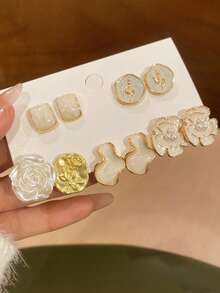 5對裝復古簡約獨特花朵造型仿珍珠耳環，適合日常與節慶穿戴 - 彩色 - 查看 3