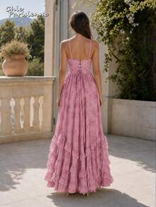 Pink Purple Floral Chiffon V-Neck Backless Tiered A-Line Maxi Dress - 粉紅紫 - 查看 5