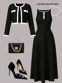 Plus Size Women's Elegant Spring To Summer 2-Piece Set, Contrast Trim Button Cardigan With Solid Color Long Dress - Black - View 8