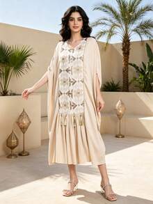 2026夏季/秋季重工串珠刺繡阿拉伯女款杏色優雅長裙,JALABIYA拼接下擺,休閒派對穿搭 - 杏色 - 查看 6