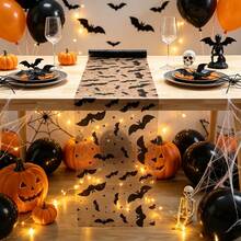 1 Rollo de Camino de Mesa de Halloween con Patrón de Murciélagos, Camino de Mesa para Fiestas y Vacaciones, Tapete Decorativo de Mesa de Comedor de Halloween, Tapete de Vajilla para Restaurante, Tapete de Textura de Gasa para Mesa, Para Cocina de Halloween, Suministros para Fiestas - Negro - Ver 3