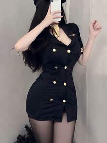 1PC Slim Fit Sexy Flight Attendant Instructor Uniform Costume Set, Includes Dress + Bow Tie Only, COSPLAY Role Play Outfit Accessories Fall - Multicolor - View 2