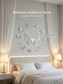 12pcs/Set Hollow Metal Texture 3D Butterfly Wall Stickers, Hollow Carved Design, Light Luxury, Gentle, High-End Soft Decoration, Suitable For Home Wall: Bedroom Headboard, Living Room Blank Wall, Entrance, Vanity Background, Creating A Gentle Atmosphere; Soft Decoration Check-In: Clothing Store, Nail Salon, Bridal Shop, Influencer Photo Background Wall; Festival Decoration: Wedding, Birthday Party - A - View 3