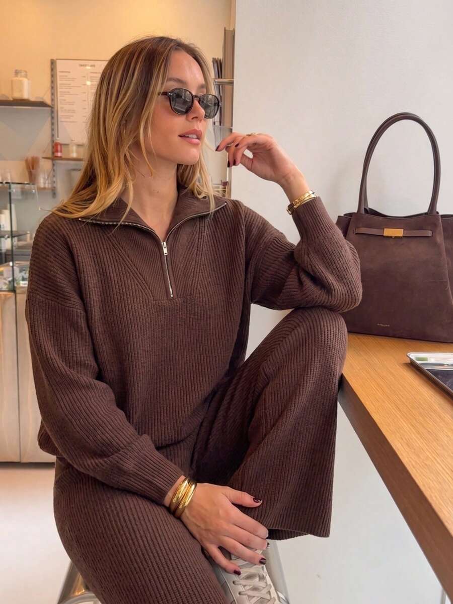 Women's Ribbed Knit Half-Zip Long Sleeve Sweater And Wide Leg Pants Set, Medium Stretch, Suitable For Autumn/Winter - Brown - View 1