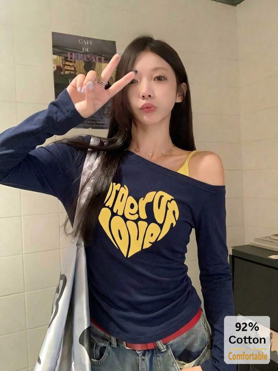 2026 New Heart & Letter Print Asymmetric Shoulder Design Women's Short Sleeve T-Shirt, Slim Fit Drape, Versatile Autumn Casual Top - Navy - View 1