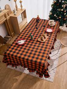 1pc Christmas Vintage Multi-Color Plaid Ruffle Edge Rectangular Tablecloth, Halloween Atmosphere Dining Table Cover, Home Restaurant Living Room Holiday Party B&B Decoration - Orange - View 2